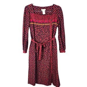 Vintage 70s 80s California Girl Red Navy Print Belted Midi Dress Long Sleeve 14